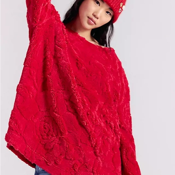 Free People Sweaters - Free People Calla Sherpa Oversized  Vibrant Red Floral Sweater Cozy Romantic XL